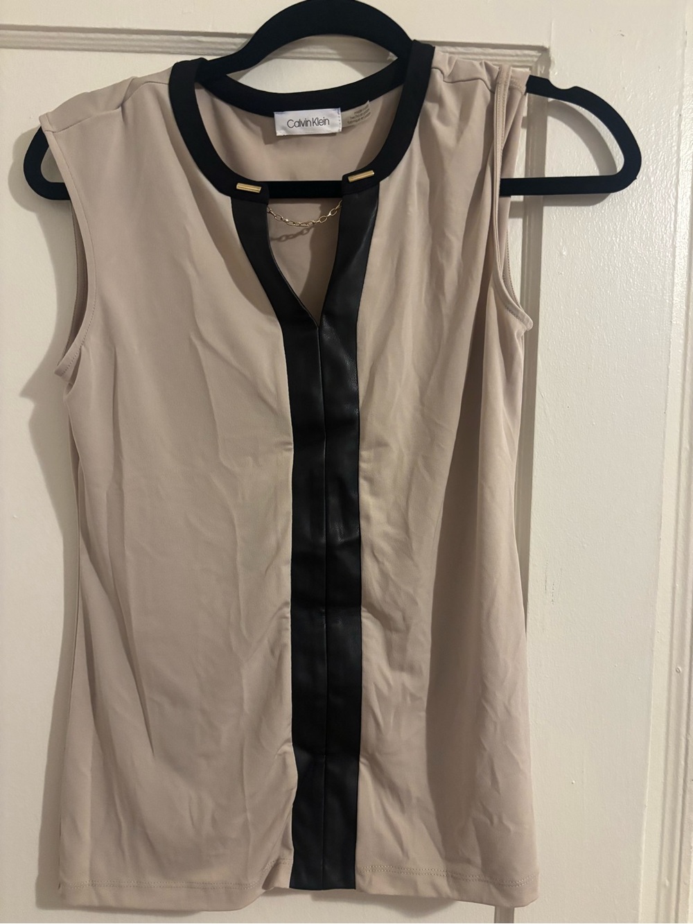 Calvin Klein Beige and Black Sleeveless Blouse with Gold Chain